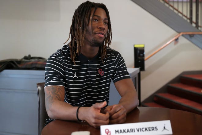 Oklahoma defensive back Makari Vickers speaks to media during a press conference in Norman, Okla., Thursday, Feb. 16, 2023.