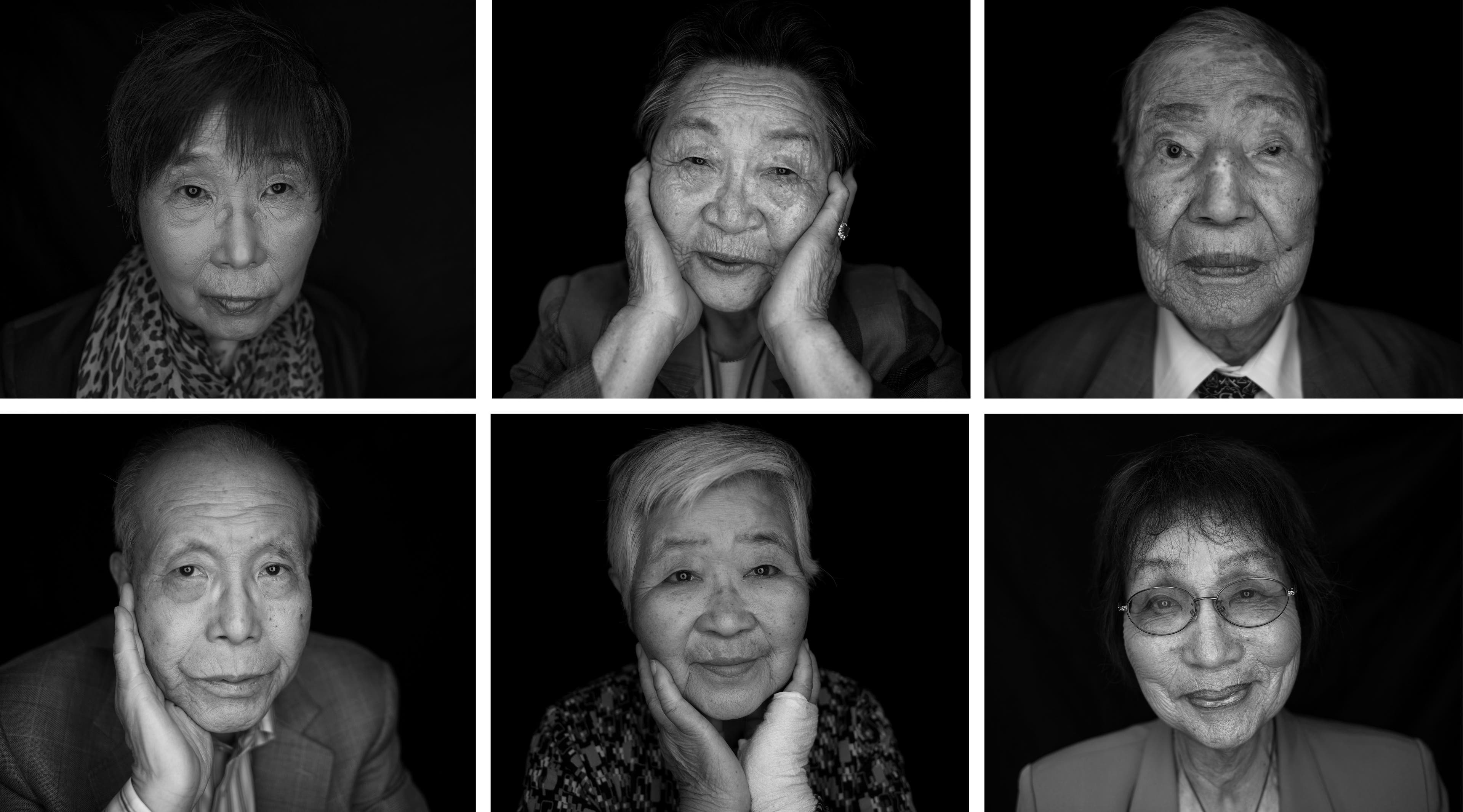 Portraits taken on May 25 and 26, 2016 of survivors of the 1945 atomic bombing of Hiroshima: (top L to R) Keiko Ogura, Park Nam-Joo, Sunao Tsuboi; (bottom L to R) Shigeaki Mori, Misako Katani and Emiko Okada in Hiroshima